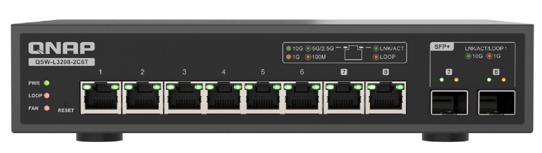 Miniatura produktu: Qnap QSW-L3208-2C6T 8-portowy przełącznik 6x 10GbE RJ45, 2x 10GbE SFP+/RJ45