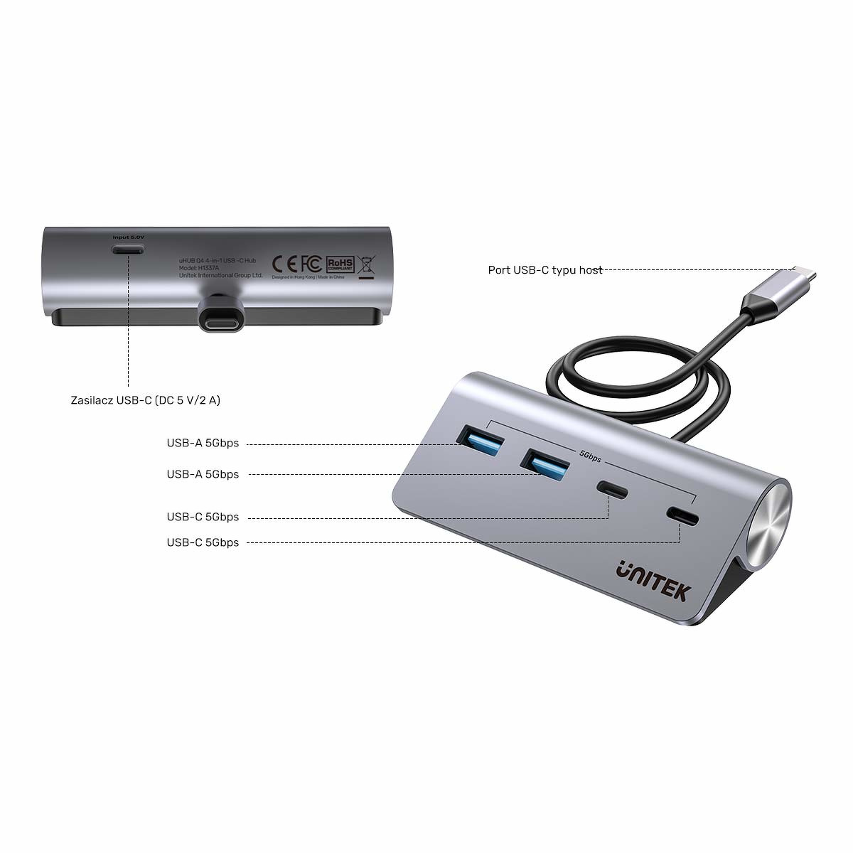 HUB alumininiowy USB-A/USB-C z 4 portami 5Gbp Unitek