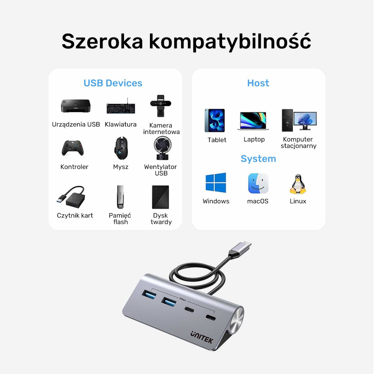 HUB alumininiowy USB-A/USB-C z 4 portami 5Gbp Unitek