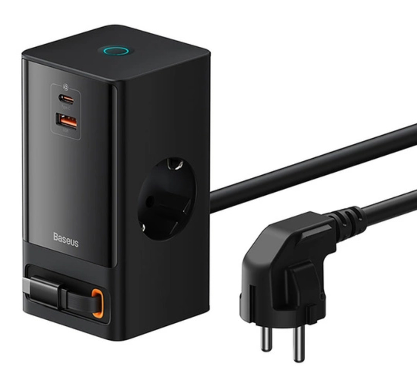 Stacja łądująca Baseus PowerCombo 65W 1.5m 2 x EU + USB-A + USB-C + zwijany kabel USB-C - czarna
