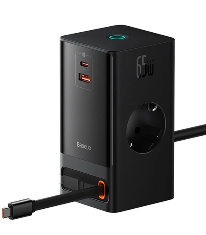 Stacja łądująca Baseus PowerCombo 65W 1.5m 2 x EU + USB-A + USB-C + zwijany kabel USB-C - czarna