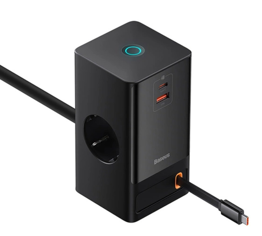 Stacja łądująca Baseus PowerCombo 65W 1.5m 2 x EU + USB-A + USB-C + zwijany kabel USB-C - czarna