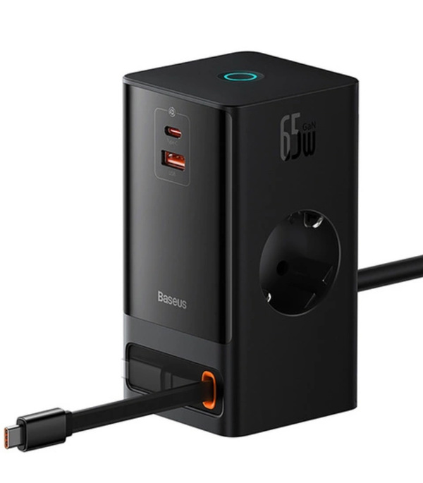 Zdjęcie produktu: Stacja łądująca Baseus PowerCombo 65W 1.5m 2 x EU + USB-A + USB-C + zwijany kabel USB-C - czarna