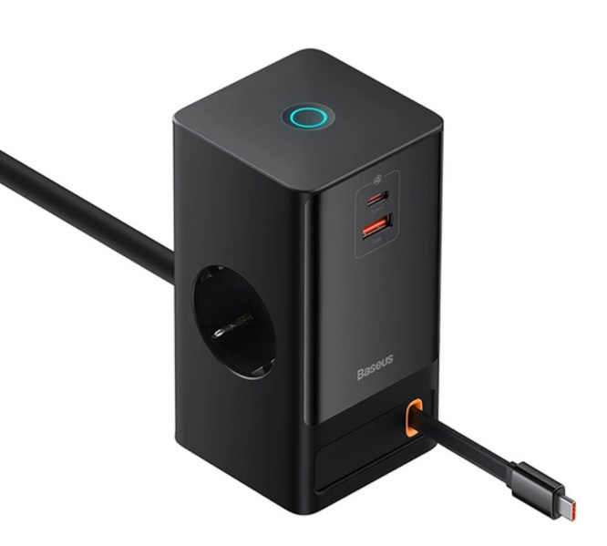 Zdjęcie produktu: Stacja łądująca Baseus PowerCombo 65W 1.5m 2 x EU + USB-A + USB-C + zwijany kabel USB-C - czarna