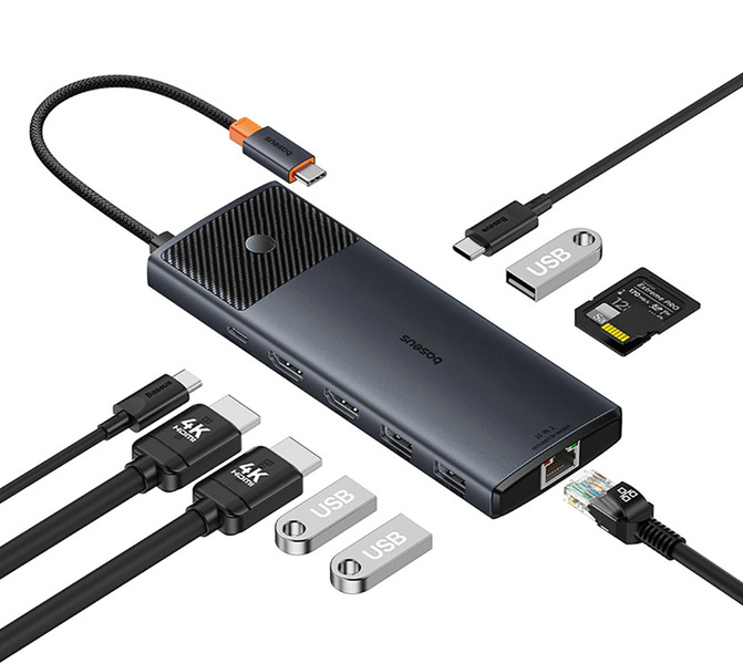 Zdjęcie produktu: Hub 10w1 Baseus Metal Gleam II USB-C - HDMI USB-A USB-C RJ45 SD/TF - szary