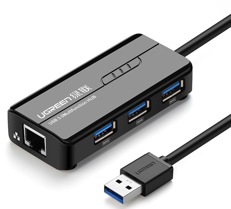 Adapter sieciowy Ugreen 20265 USB-A / RJ45 1000 Mbps HUB 3x USB 3.0 - czarny