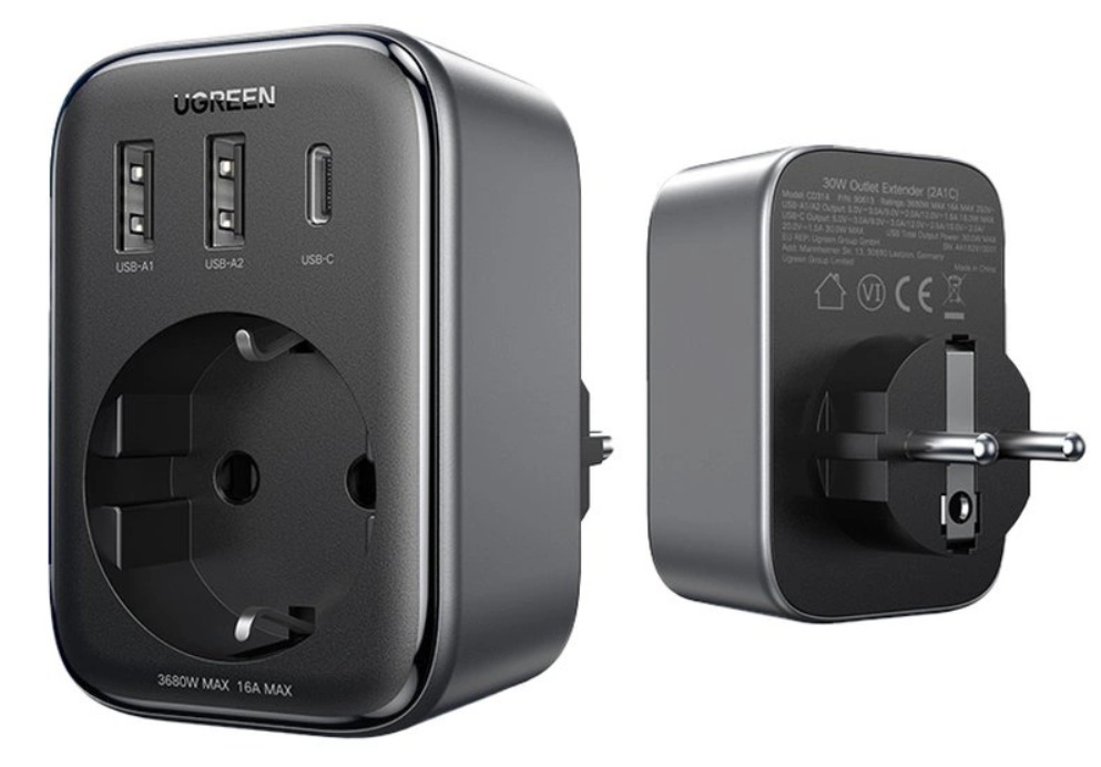 Ładowarka sieciowa 30W (2xUSB/USB C/AC) / adapter EU - EU 13A Ugreen CD314 - czarna