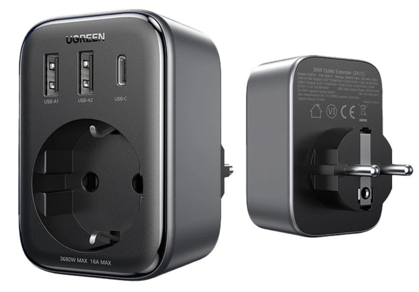 Zdjęcie produktu: Ładowarka sieciowa 30W (2xUSB/USB C/AC) / adapter EU - EU 13A Ugreen CD314 - czarna