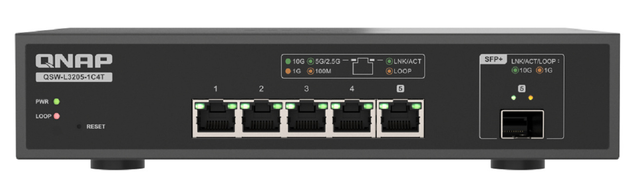 Qnap QSW-L3205-1C4T 5-portowy przełącznik 4x 10GbE RJ45, 1x 10GbE SFP+/RJ45