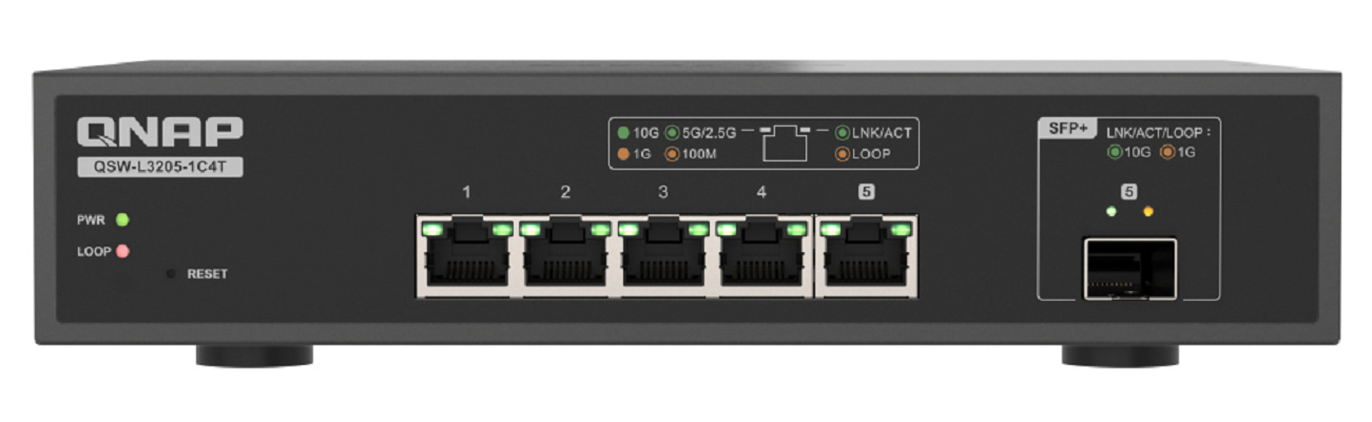 Zdjęcie produktu: Qnap QSW-L3205-1C4T 5-portowy przełącznik 4x 10GbE RJ45, 1x 10GbE SFP+/RJ45