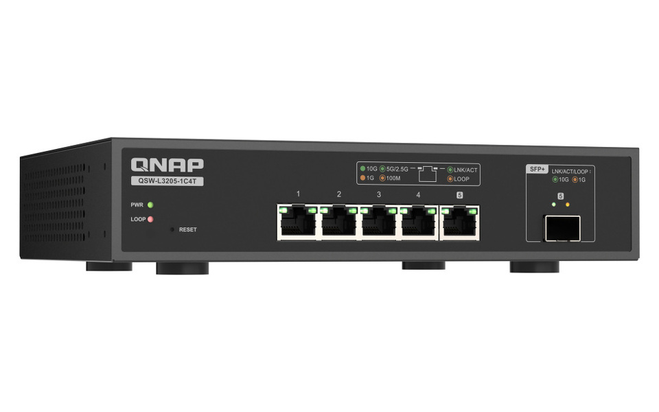 Zdjęcie produktu: Qnap QSW-L3205-1C4T 5-portowy przełącznik 4x 10GbE RJ45, 1x 10GbE SFP+/RJ45
