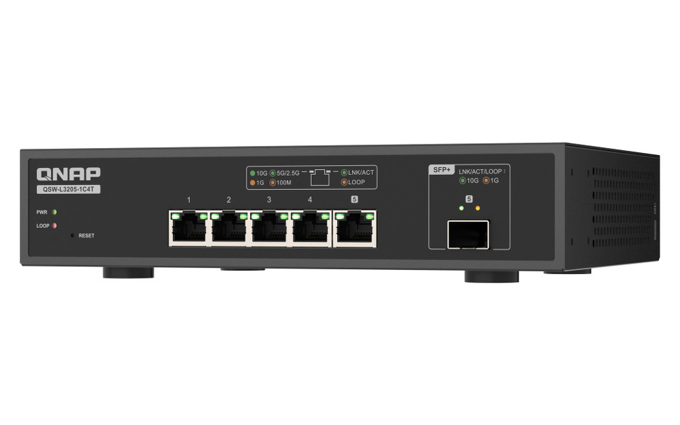 Zdjęcie produktu: Qnap QSW-L3205-1C4T 5-portowy przełącznik 4x 10GbE RJ45, 1x 10GbE SFP+/RJ45