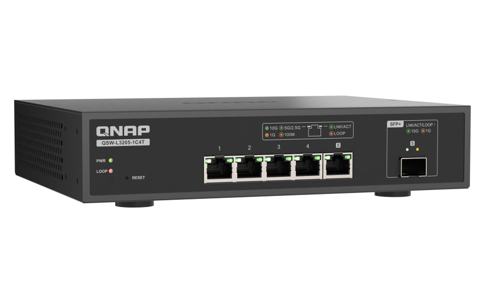 Zdjęcie produktu: Qnap QSW-L3205-1C4T 5-portowy przełącznik 4x 10GbE RJ45, 1x 10GbE SFP+/RJ45