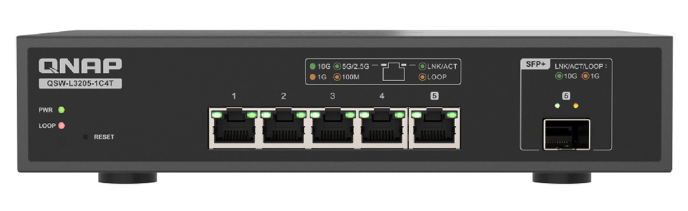 Miniatura produktu: Qnap QSW-L3205-1C4T 5-portowy przełącznik 4x 10GbE RJ45, 1x 10GbE SFP+/RJ45