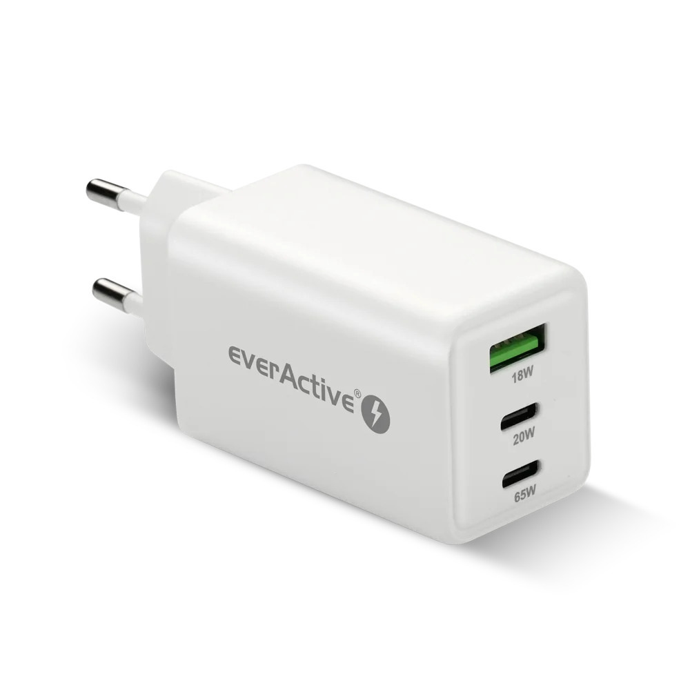 Ładowarka sieciowa everActive GaN SC-655Q z gniazdem USB oraz 2x USB-C PD PPS QC4+ 65W