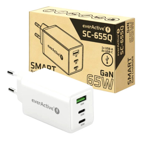 Ładowarka sieciowa everActive GaN SC-655Q z gniazdem USB oraz 2x USB-C PD PPS QC4+ 65W