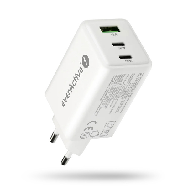 Zdjęcie produktu: Ładowarka sieciowa everActive GaN SC-655Q z gniazdem USB oraz 2x USB-C PD PPS QC4+ 65W