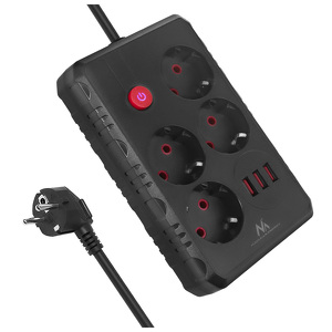 Miniatura produktu: Listwa zasilająca Maclean, przedłużacz 4 gniazda + 3xUSB, 110-240V AC 50/60Hz, 2.1A max 2500W, 1,5m, czarna,MCE392 B