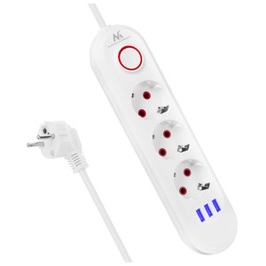 Miniatura produktu: Listwa zasilająca Maclean, przedłużacz 3gniazda + 3xUSB, 110-240V AC 50/60Hz, 2.1A max 2500W, 1,5m, biała ,MCE394 W