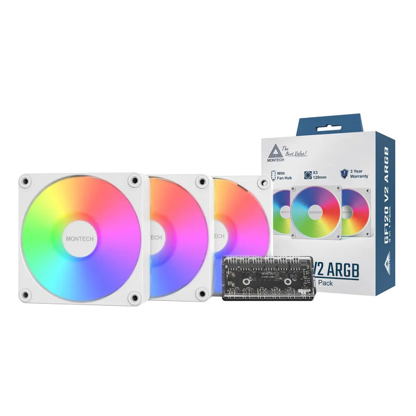 Zdjęcie produktu: Zestaw wentylatorów Montech GF120 V2 ARGB PWM White 120mm (3-pak)