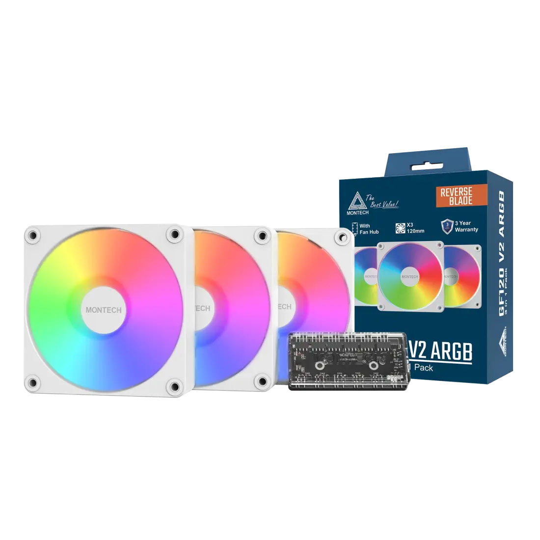 Zestaw wentylatorów Montech GF120R V2 ARGB PWM Reverse White 120mm (3-pak)