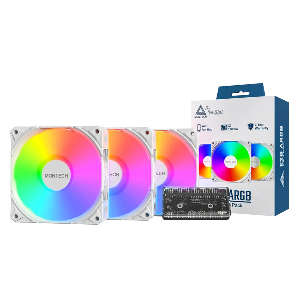 Zdjęcie produktu: Zestaw wentylatorów Montech E28 ARGB PWM White 120mm (3-pak) Zdjęcie produktu: Zestaw wentylatorów Montech E28 ARGB PWM White 120mm (3-pak)