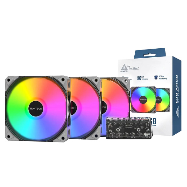 Zdjęcie produktu: Zestaw wentylatorów Montech E28 ARGB PWM Black 120mm (3-pak) Zdjęcie produktu: Zestaw wentylatorów Montech E28 ARGB PWM Black 120mm (3-pak)