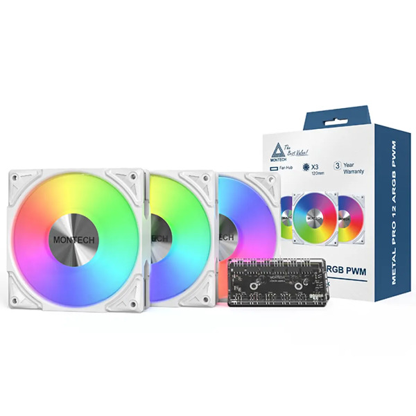 Zdjęcie produktu: Zestaw wentylatorów Montech Metal Pro 12 ARGB PWM White 120mm (3-pak)