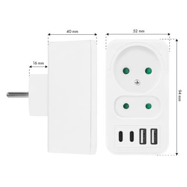 Zdjęcie produktu: Gniazdko prądowe z 2 gniazdami 2xUSB A 2xUSB C PD 20W, 1x16A + 1x6A