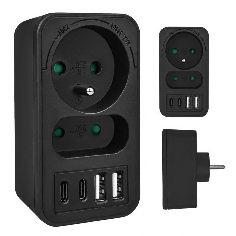 Gniazdko prądowe z 2 gniazdami 2xUSB A 2xUSB C PD 20W 1x16A + 1x6A MCE249