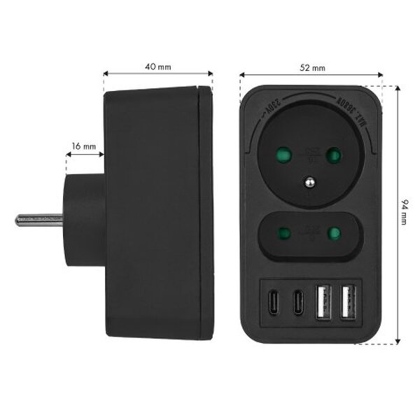 Zdjęcie produktu: Gniazdko prądowe z 2 gniazdami 2xUSB A 2xUSB C PD 20W 1x16A + 1x6A MCE249