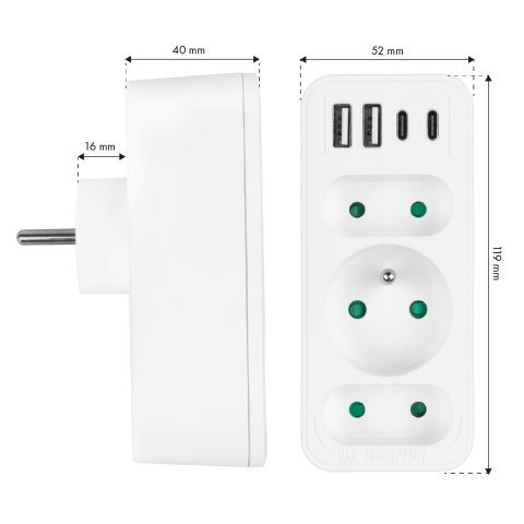 Gniazdko prądowe z 3 gniazdami, 2xUSB A, 2xUSB C PD 20W, 1x16A + 2x6A