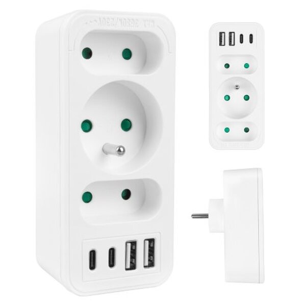 Zdjęcie produktu: Gniazdko prądowe z 3 gniazdami, 2xUSB A, 2xUSB C PD 20W, 1x16A + 2x6A