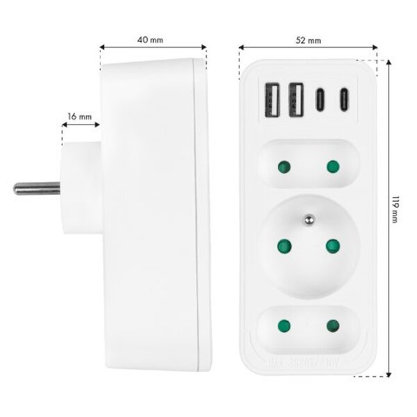 Zdjęcie produktu: Gniazdko prądowe z 3 gniazdami, 2xUSB A, 2xUSB C PD 20W, 1x16A + 2x6A