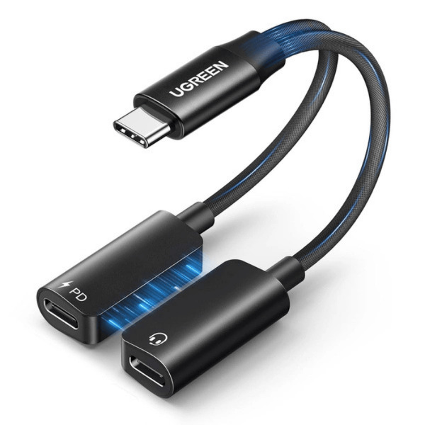 Zdjęcie produktu: Adapter audio Ugreen 2w1 USB-C do 2xUSB-C (audio + ładowanie) - czarny Zdjęcie produktu: Adapter audio Ugreen 2w1 USB-C do 2xUSB-C (audio + ładowanie) - czarny