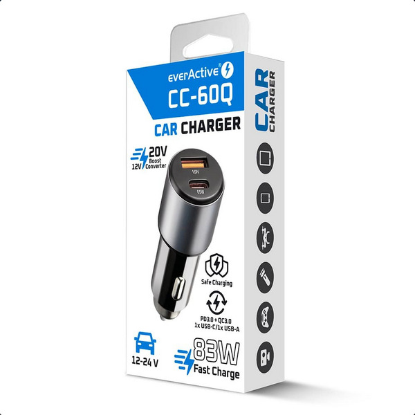 Zdjęcie produktu: Ładowarka samochodowa everActive CC-60Q USB QC3.0 oraz USB-C PD 83W
