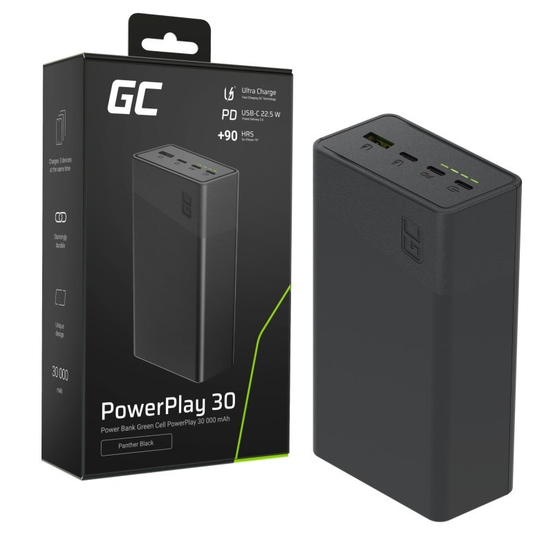 Powerbank Greencell PowerPlay 30, czarny 30000mAh, 22,5W, 4 porty (PBGC30B)