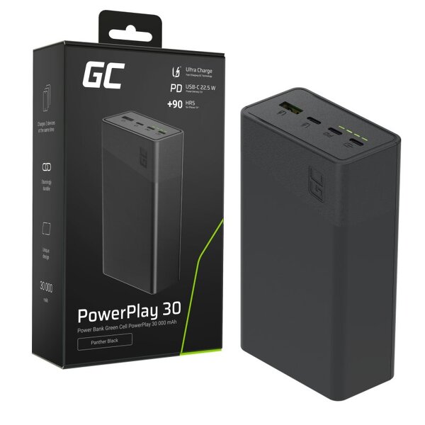 Zdjęcie produktu: Powerbank Greencell PowerPlay 30, czarny 30000mAh, 22,5W, 4 porty (PBGC30B)