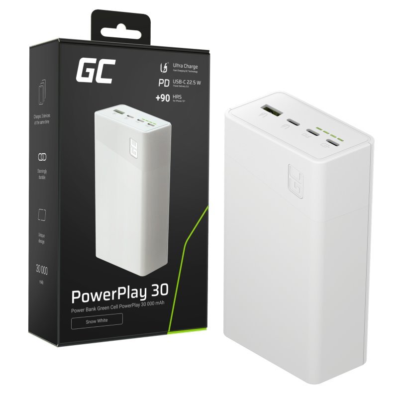 Powerbank Greencell PowerPlay 30, biały 30000mAh, 22,5W, 4 porty (PBGC30W)