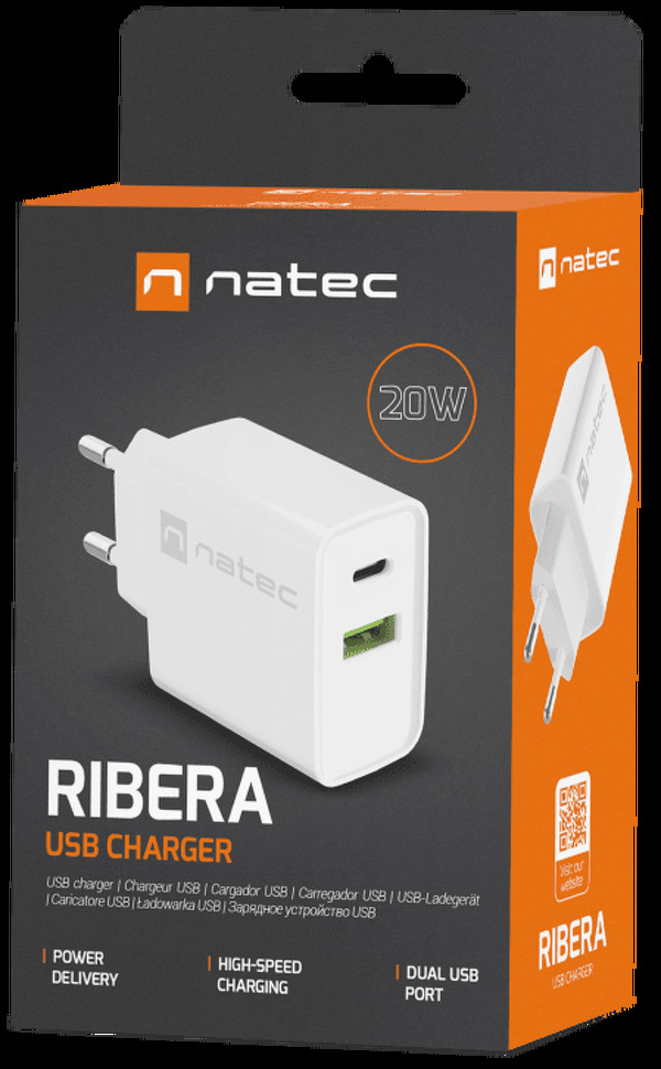 Zdjęcie produktu: Ładowarka sieciowa Natec Ribera GaN Slim 1x USB-A + 1x USB TYP-C 20W