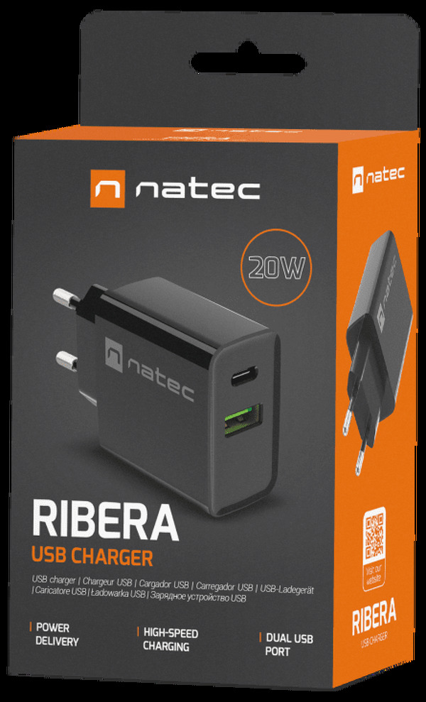 Zdjęcie produktu: Ładowarka sieciowa Natec Ribera GaN Slim 1x USB-A + 1x USB TYP-C 20W