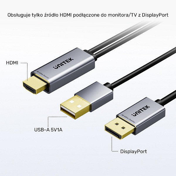 Kabel Unitek HDMI do DisplayPort 4K z zasilaniem USB-A 4K@60Hz 1,8 m Kabel Unitek HDMI do DisplayPort 4K z zasilaniem USB-A 4K@60Hz 1,8 m