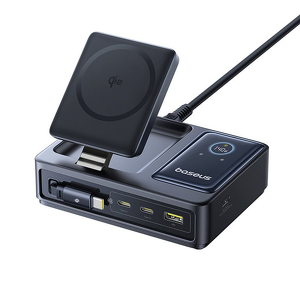 Miniatura produktu: Stacja ładująca Baseus NOMOS 140W Qi2 5w1 bezprzewodowa ze zwijanym kablem USB-C i wyświetlaczem cyfrowym - czarna Miniatura produktu: Stacja ładująca Baseus NOMOS 140W Qi2 5w1 bezprzewodowa ze zwijanym kablem USB-C i wyświetlaczem cyfrowym - czarna