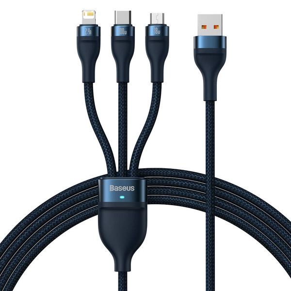 Zdjęcie produktu: Kabel przewód pleciony USB 3w1 Baseus Flash Series II 100 W Niebieski