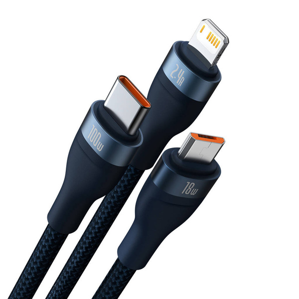 Zdjęcie produktu: Kabel przewód pleciony USB 3w1 Baseus Flash Series II 100 W Niebieski