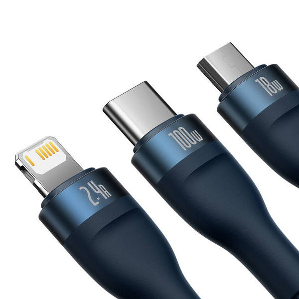 Zdjęcie produktu: Kabel przewód pleciony USB 3w1 Baseus Flash Series II 100 W Niebieski