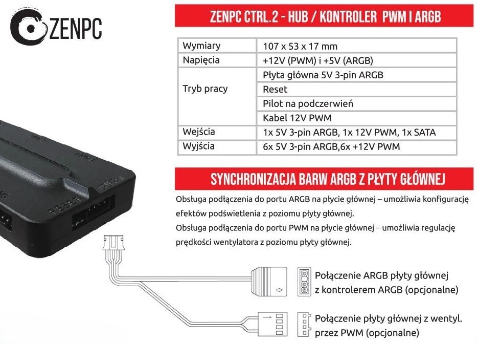 ZenPC CTRL.2 Hub PWM i kontoler oświetlenia ARGB 3pin 5V z pilotem
