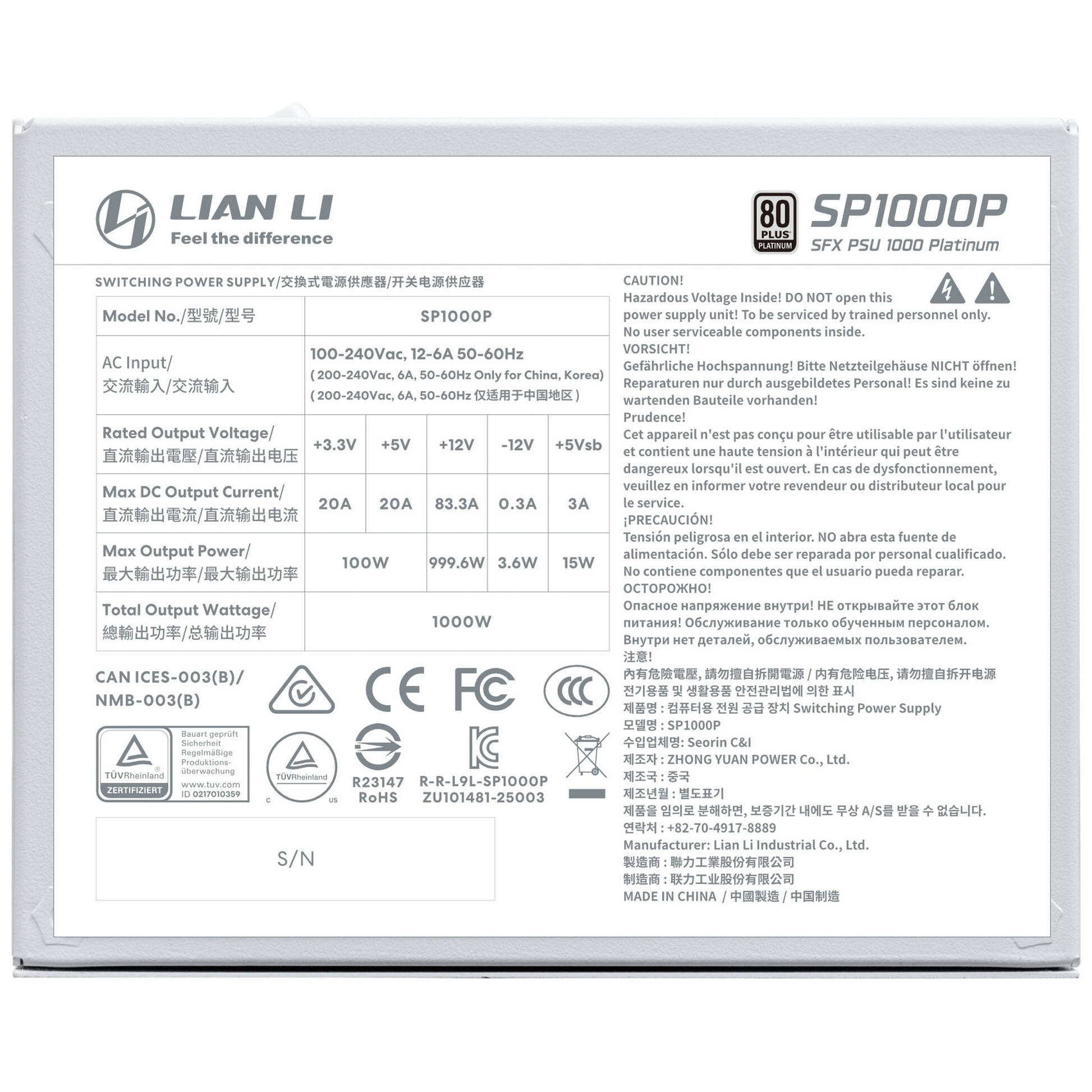 Zasilacz Lian Li SP1000 Platinum SFX ATX 3.1 PCIe 5.1 Biały 1000W
