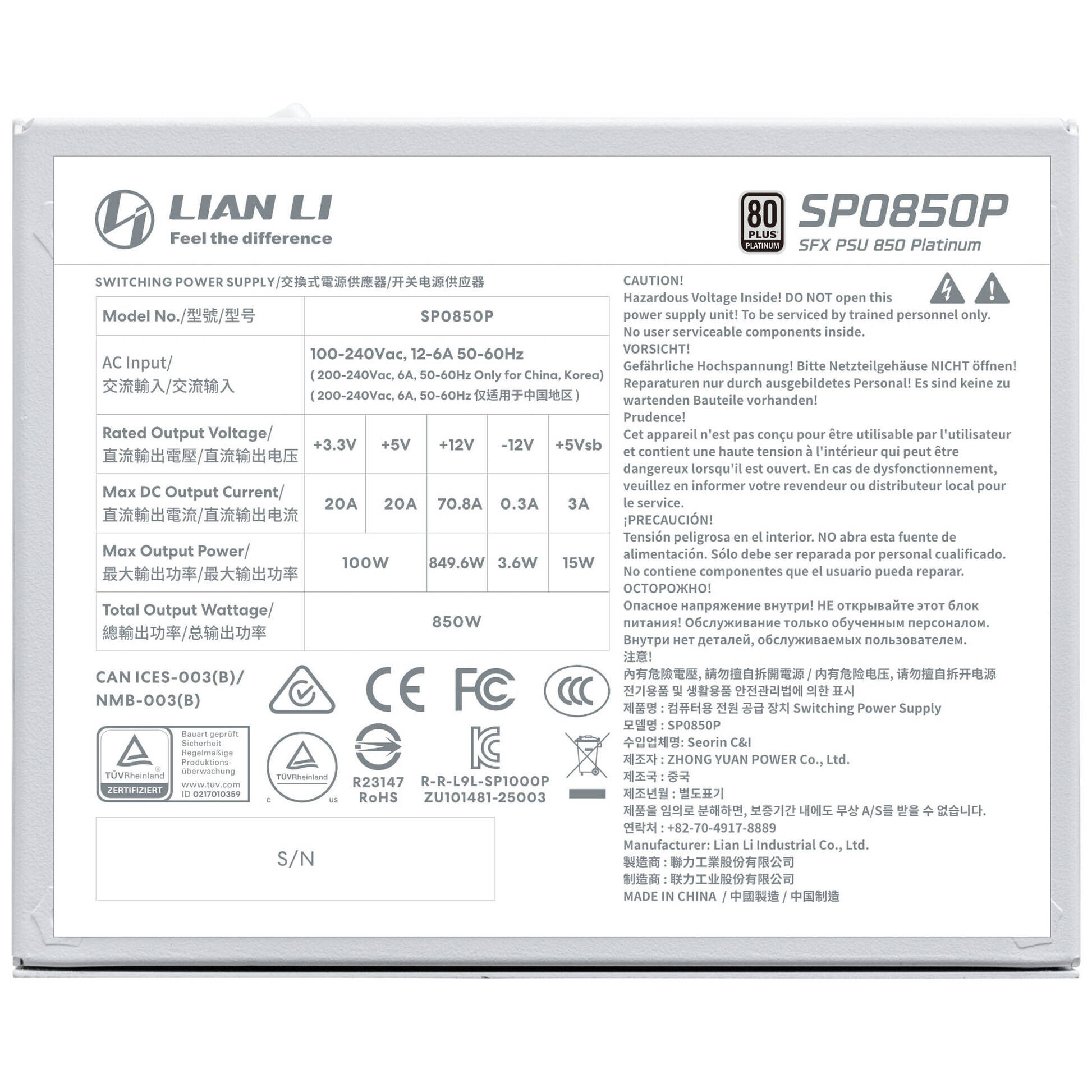 Zasilacz Lian Li SP850 Platinum SFX ATX 3.1 PCIe 5.1 Biały 850W