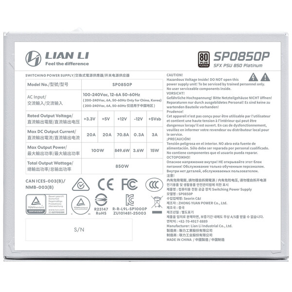 Zdjęcie produktu: Zasilacz Lian Li SP850 Platinum SFX ATX 3.1 PCIe 5.1 Biały 850W
